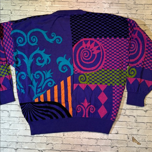 VINTAGE Vittorio Rocchetti mens L Large purple crazy 80s cotton crewneck sweater - Picture 6 of 6